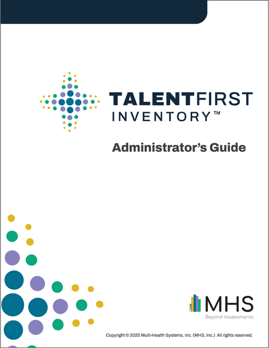 The cover of the TalentFirst Inventory Administrator's Guide, featuring the TalentFirst Inventory logo and the MHS logo and copyright text.